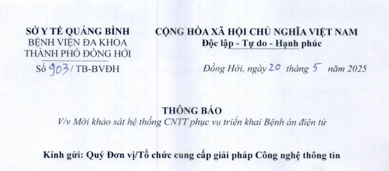 V/v Mời khảo sát hệ thống CNTT phục vụ triển khai Bệnh án điện tử